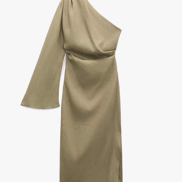 NWT ZARA ASYMMETRICAL LINEN BLEND DRESS  LIGHT KHAKI - REF. 8017/621 S - Picture 3 of 6